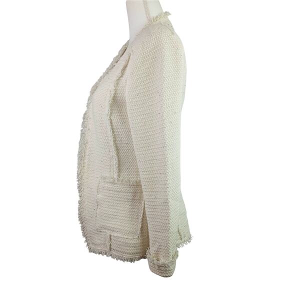 Rebecca Taylor SZ 4 Tweed Open Front Blazer Cream With Fringe Woven Silver NWOT - Picture 5 of 7
